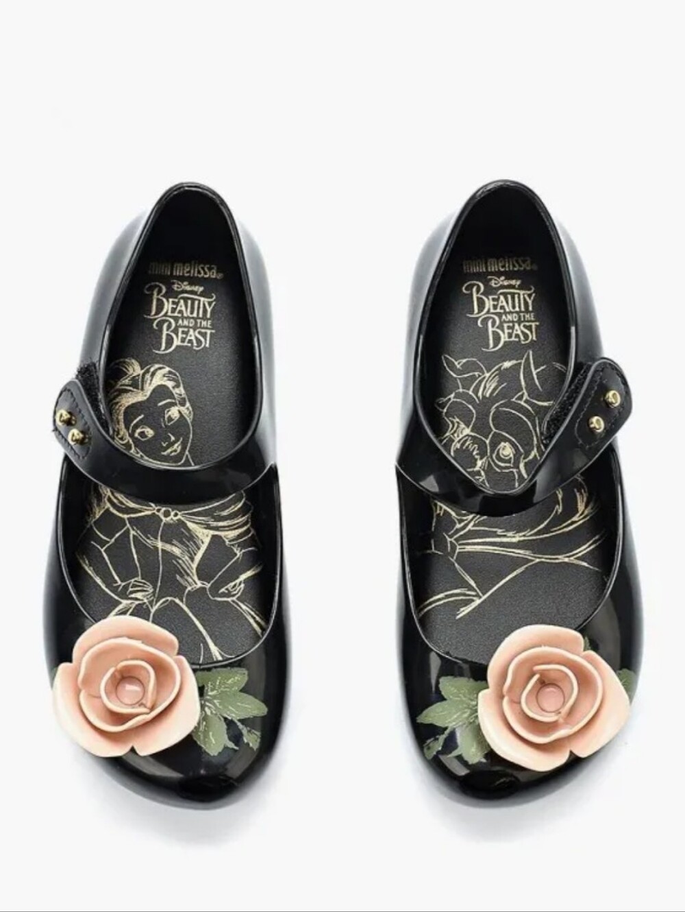 Mini Melissa X Disney Beauty & The Beast Girls Black Pink Flower Shoes